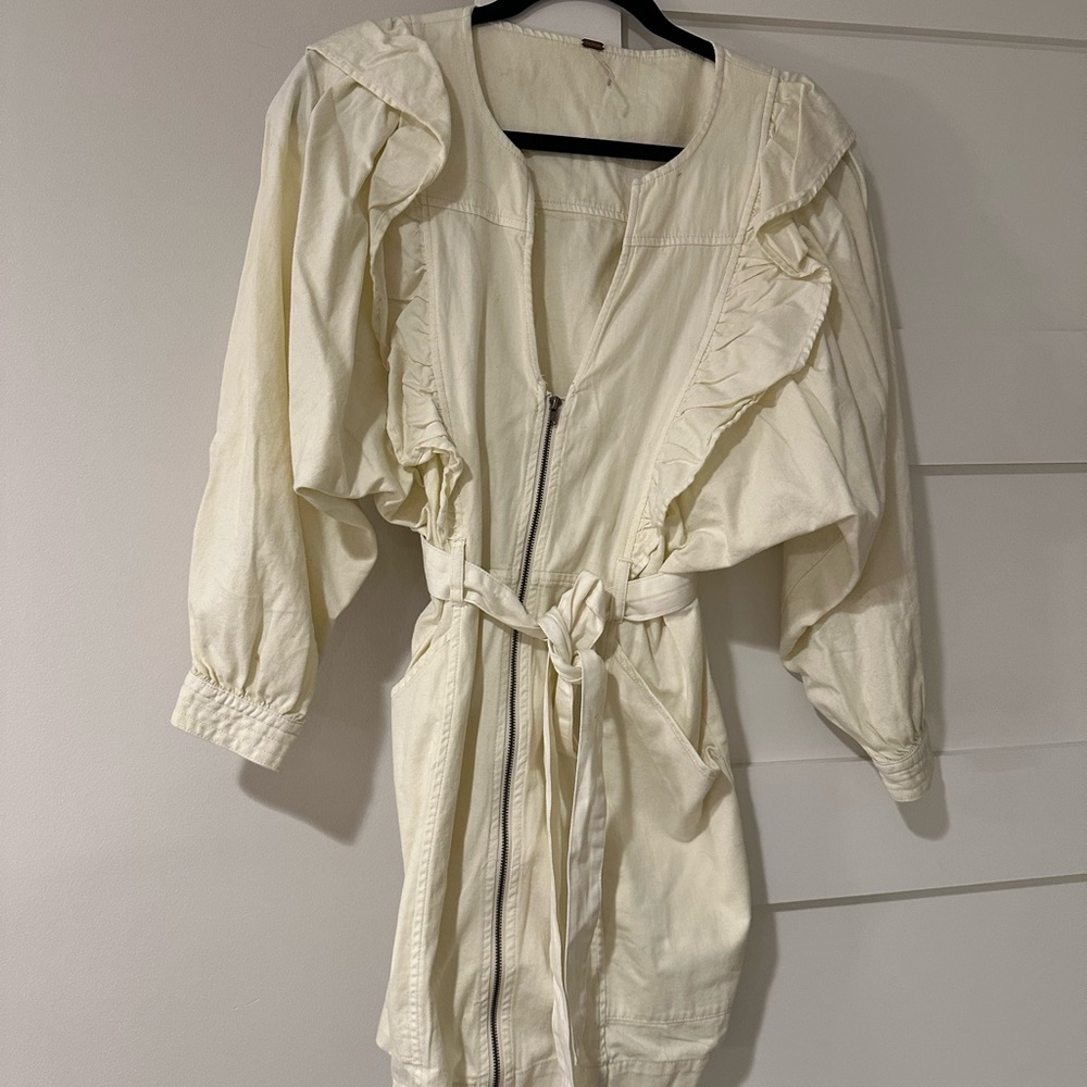 NWOT Free People Cream Ruffle Zip Front Dress with Tie Waist